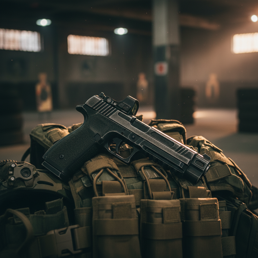 Airsoft-pistol med rødpunktsigte på en taktisk vest i en skydehal