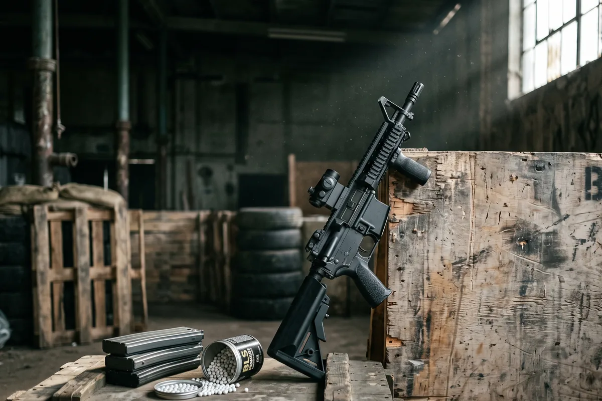 Airsoft AEG-replika med rødpunktsigte lænet mod krydsfinerbarrikade på indendørs CQB-bane, magasiner og 6 mm BB-kugler på trækasse