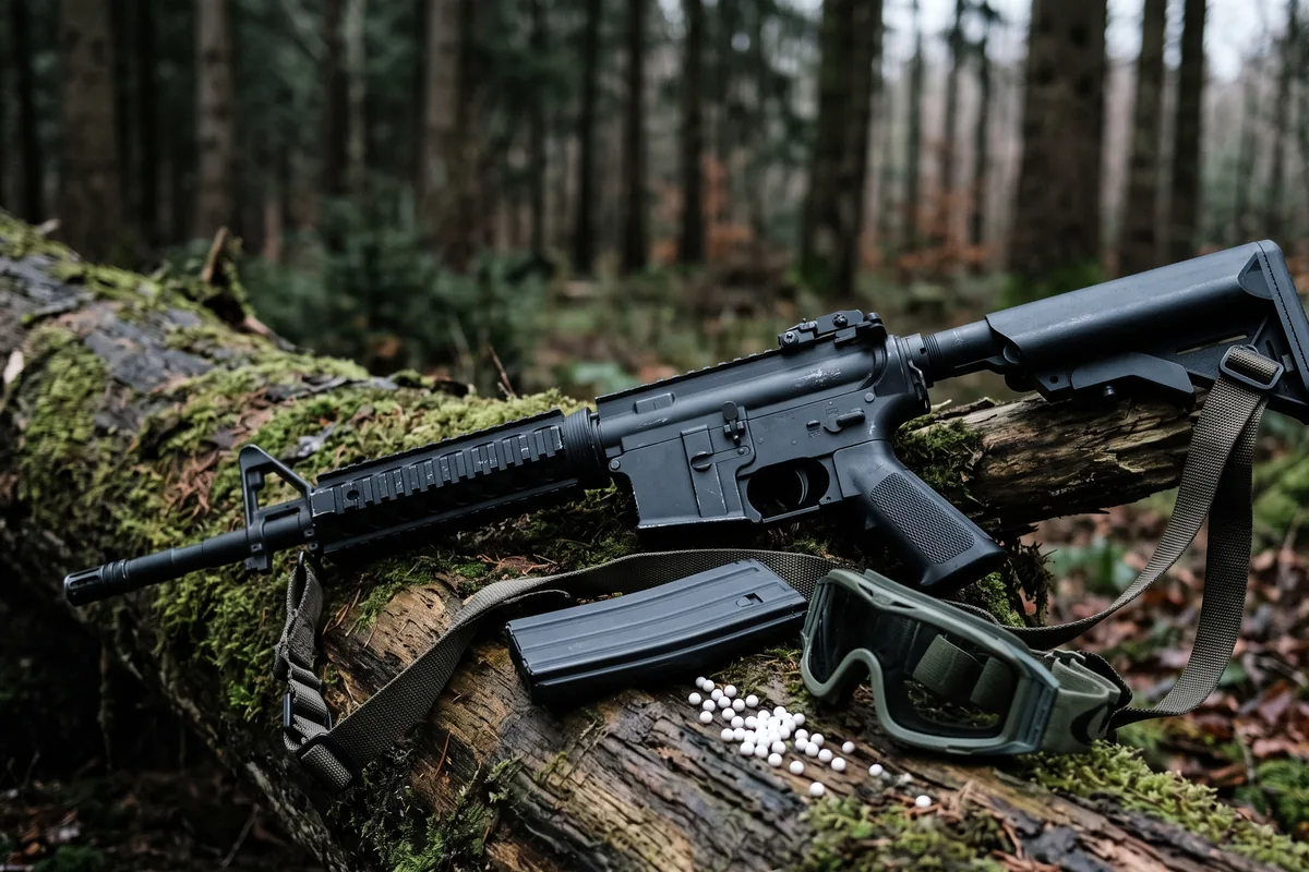 Airsoft AEG-replika med magasin, 6 mm BB-kugler og beskyttelsesbriller på mosgroet træstamme ved hardball-bane i nåleskov