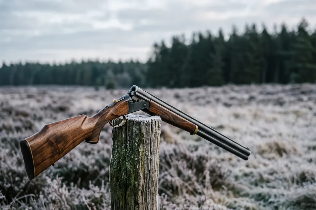 Brækket haglgevær med nøddetræsskæfte hvilende på mosgroet hegnspæl ved frostdækket lynghede i daggry