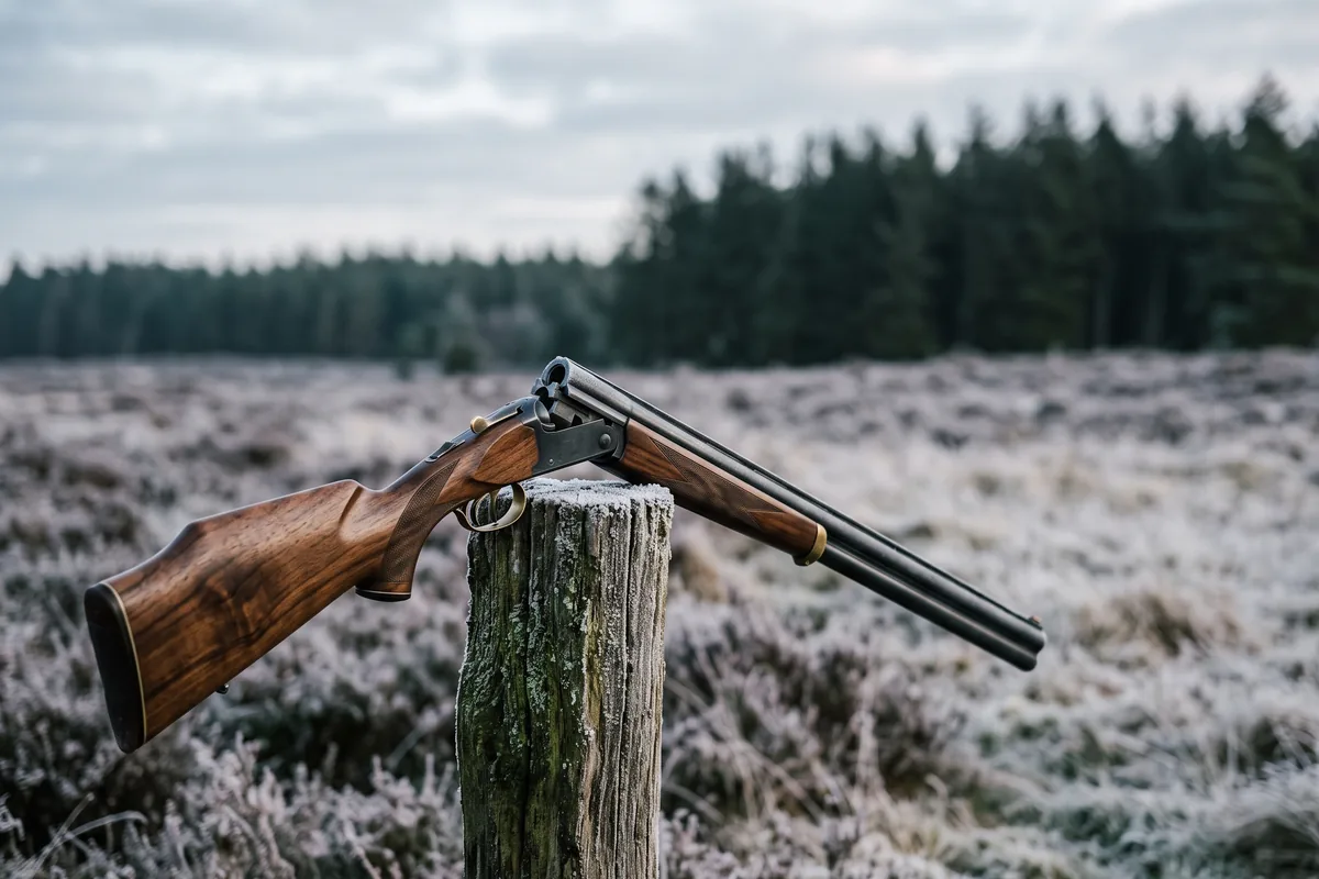 Brækket haglgevær med nøddetræsskæfte hvilende på mosgroet hegnspæl ved frostdækket lynghede i daggry