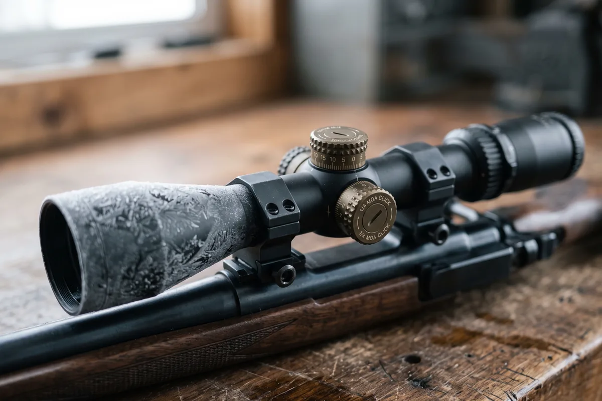 Kikkertsigte med 30 mm rør monteret på bolt-action riffel, rim på objektivlinsen og messingfarvede justeringstårne på værkstedsbord