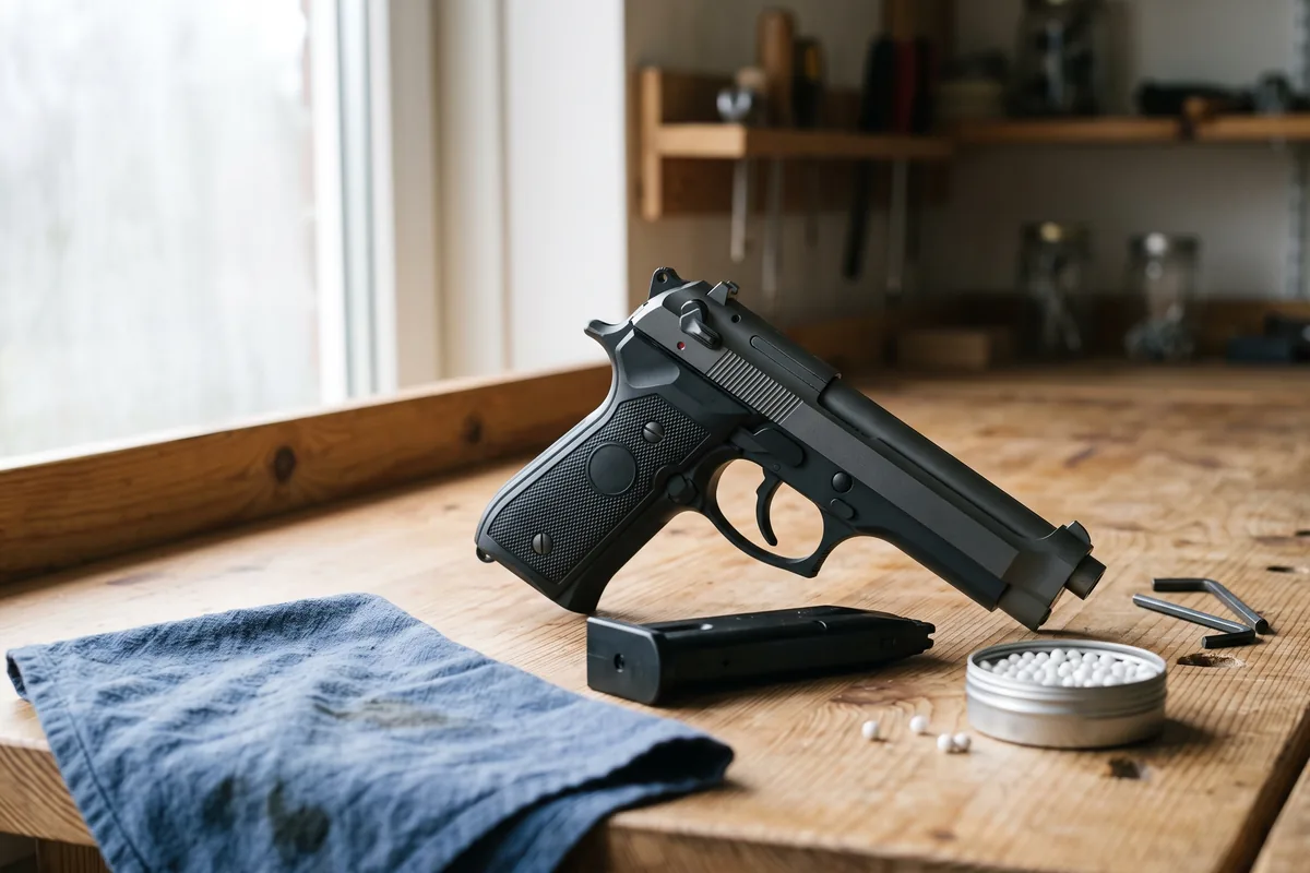 Fjederdrevet softgun-pistol med udtaget magasin, dåse med 6 mm BB-kugler og unbrakonøgler på oliebehandlet værkstedsbord